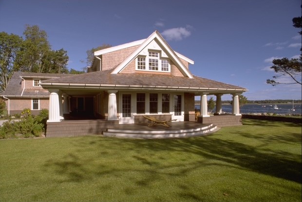 Mattapoisett coastal shingle-style home with wraparound porch and water views built by Chilton Development